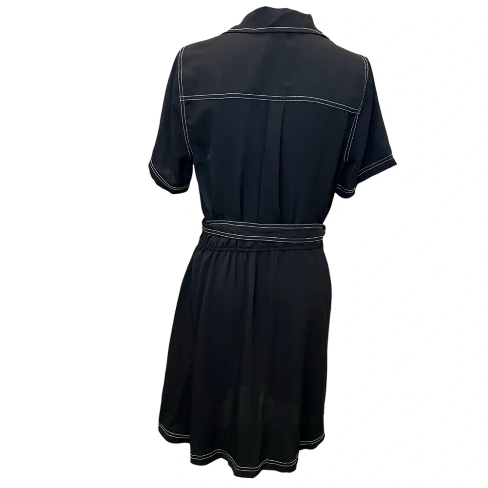 Vince Camuto Belted Faux Wrap Shirt Dress Contrast Stitch Black White M NWT